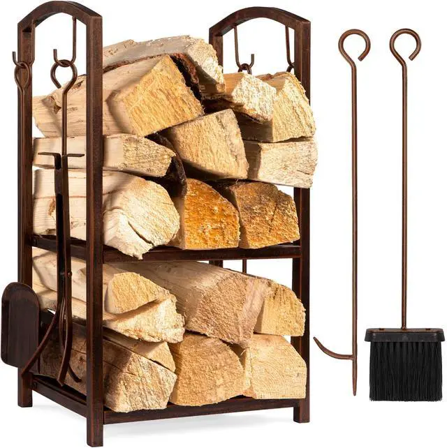 Main image of 5-Piece Indoor Outdoor Wrought Iron Firewood Log Storage Rack Holder Firepit Tools Set for Fireplace, Fire Pit, Stove w/Hook, Broom, Shovel, Tongs - Copper