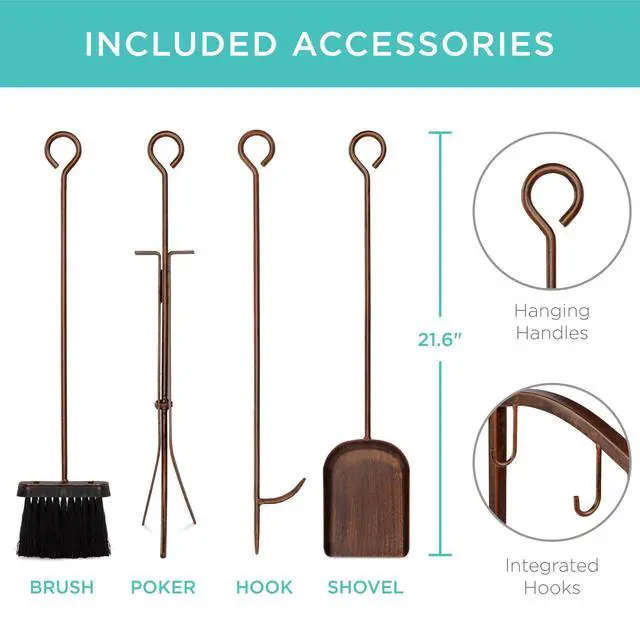 Alt view image 3 of 6 - 5-Piece Indoor Outdoor Wrought Iron Firewood Log Storage Rack Holder Firepit Tools Set for Fireplace, Fire Pit, Stove w/Hook, Broom, Shovel, Tongs - Copper