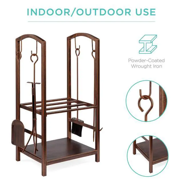 Alt view image 4 of 6 - 5-Piece Indoor Outdoor Wrought Iron Firewood Log Storage Rack Holder Firepit Tools Set for Fireplace, Fire Pit, Stove w/Hook, Broom, Shovel, Tongs - Copper