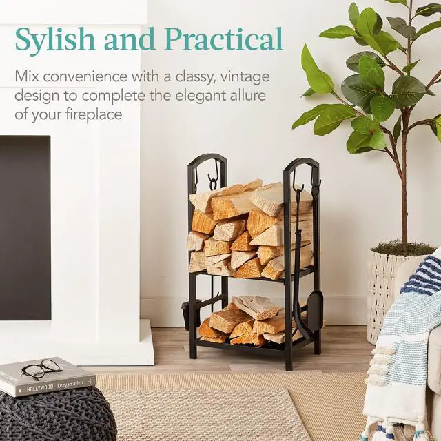 Alt view image 6 of 6 - 5-Piece Indoor Outdoor Wrought Iron Firewood Log Storage Rack Holder Firepit Tools Set for Fireplace, Fire Pit, Stove w/Hook, Broom, Shovel, Tongs - Copper