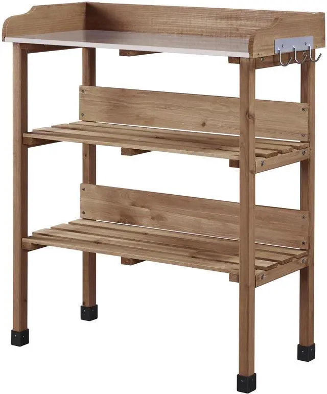 Main image of Potting Bench Table w/Metal Tabletop for Garden, Fir Wood Workstation w/3 Tier Shelves, Outdoor Work Bench w/Hook Brown
