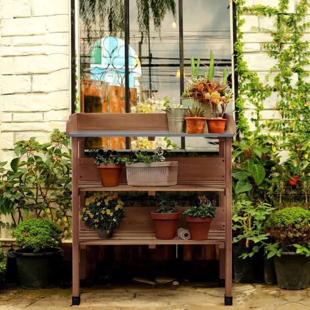 Alt view image 2 of 6 - Potting Bench Table w/Metal Tabletop for Garden, Fir Wood Workstation w/3 Tier Shelves, Outdoor Work Bench w/Hook Brown