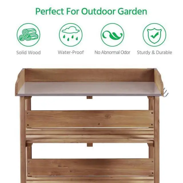 Alt view image 3 of 6 - Potting Bench Table w/Metal Tabletop for Garden, Fir Wood Workstation w/3 Tier Shelves, Outdoor Work Bench w/Hook Brown