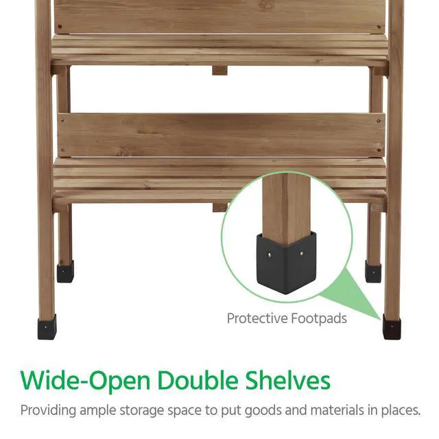 Alt view image 4 of 6 - Potting Bench Table w/Metal Tabletop for Garden, Fir Wood Workstation w/3 Tier Shelves, Outdoor Work Bench w/Hook Brown