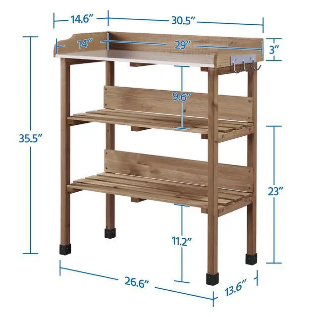 Alt view image 5 of 6 - Potting Bench Table w/Metal Tabletop for Garden, Fir Wood Workstation w/3 Tier Shelves, Outdoor Work Bench w/Hook Brown