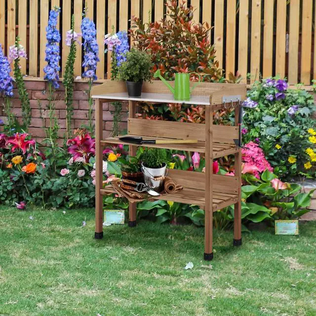 Alt view image 6 of 6 - Potting Bench Table w/Metal Tabletop for Garden, Fir Wood Workstation w/3 Tier Shelves, Outdoor Work Bench w/Hook Brown