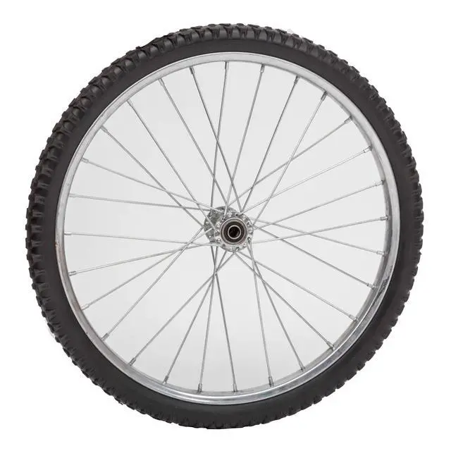 Alt view image 2 of 6 - 26" Flat Free Wheel | Wire Spoke Replacement Wheel | Silver Spoke Tire with Turf-Style Tread | 5/8" Bearings | 2.75" Hub