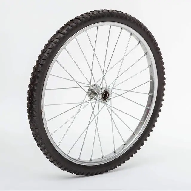 Alt view image 6 of 6 - 26" Flat Free Wheel | Wire Spoke Replacement Wheel | Silver Spoke Tire with Turf-Style Tread | 5/8" Bearings | 2.75" Hub