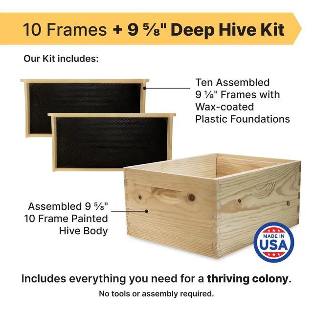 Alt view image 2 of 6 - 10-Frame Deep Hive Kit, Fully Assembled 9" Bee Hive Body with 10 Frames & Beeswax-Coated Plastic Foundation for Brood Replacement, Colony Growth & Honey Production, Made in USA, Unpainted