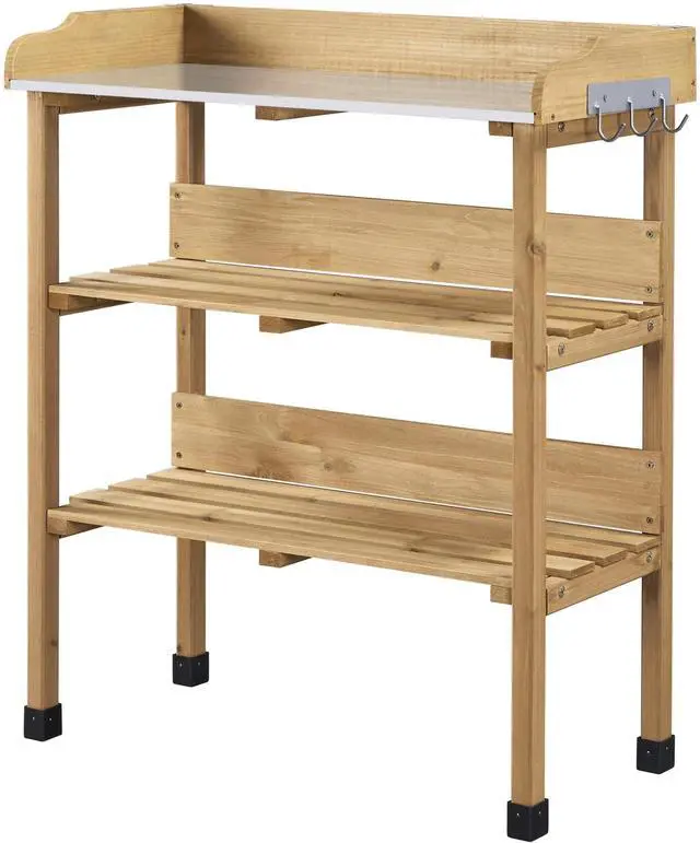 Main image of Potting Bench Table w/Metal Tabletop for Garden, Fir Wood Workstation w/3 Tier Shelves, Outdoor Work Bench w/Hook Natural Wood
