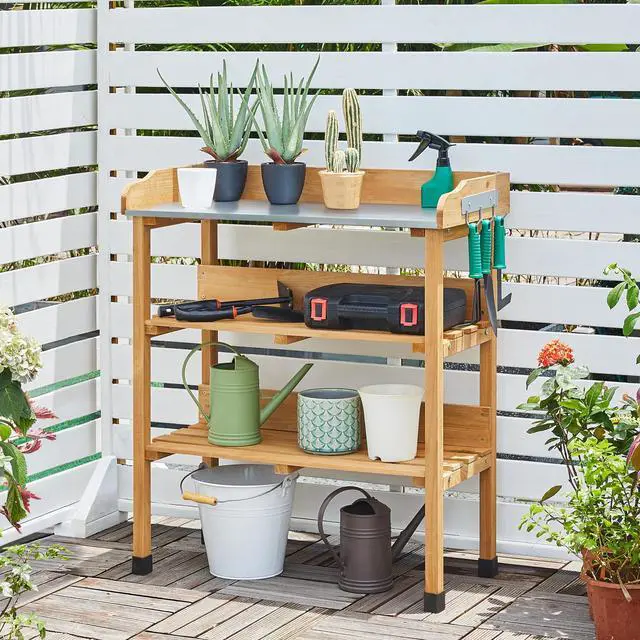 Alt view image 2 of 6 - Potting Bench Table w/Metal Tabletop for Garden, Fir Wood Workstation w/3 Tier Shelves, Outdoor Work Bench w/Hook Natural Wood