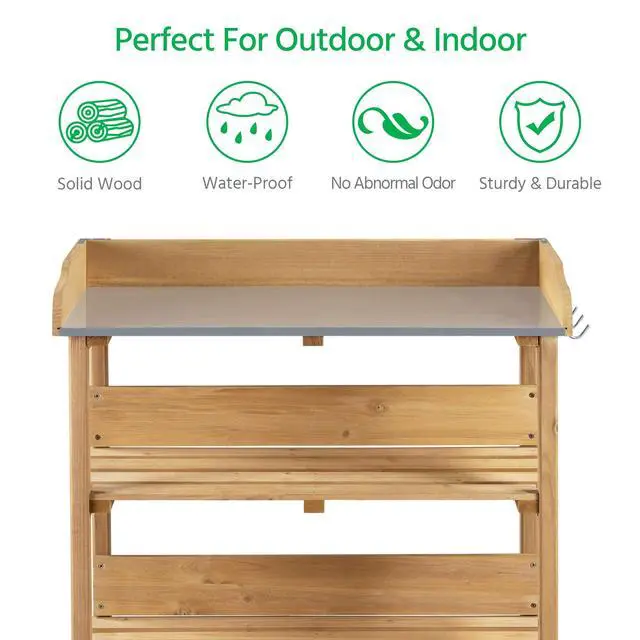 Alt view image 3 of 6 - Potting Bench Table w/Metal Tabletop for Garden, Fir Wood Workstation w/3 Tier Shelves, Outdoor Work Bench w/Hook Natural Wood