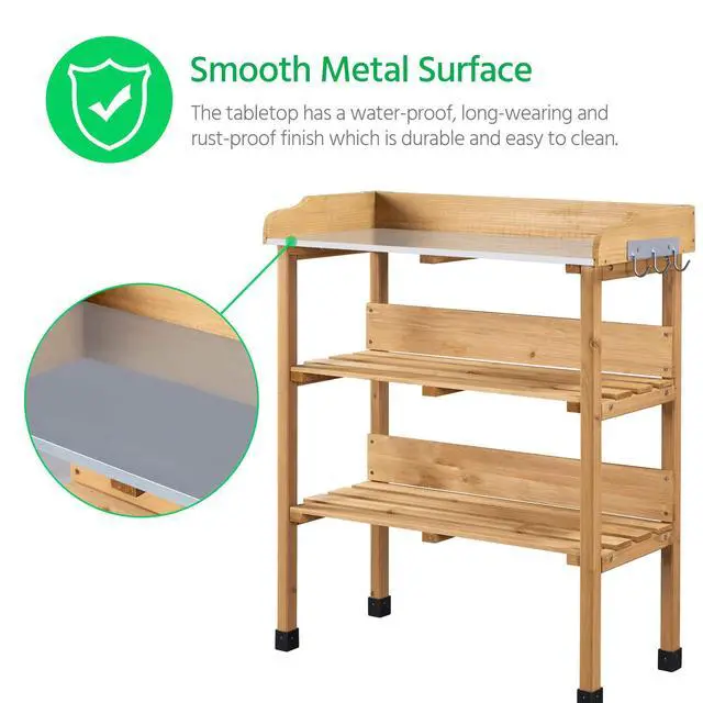 Alt view image 4 of 6 - Potting Bench Table w/Metal Tabletop for Garden, Fir Wood Workstation w/3 Tier Shelves, Outdoor Work Bench w/Hook Natural Wood