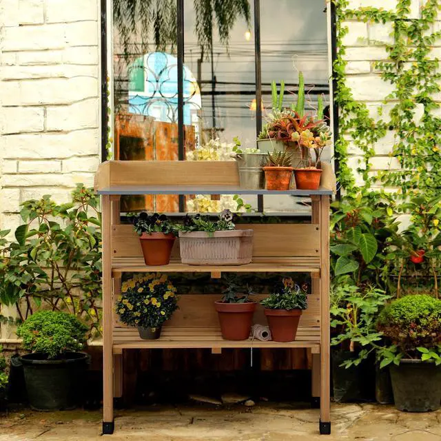 Alt view image 5 of 6 - Potting Bench Table w/Metal Tabletop for Garden, Fir Wood Workstation w/3 Tier Shelves, Outdoor Work Bench w/Hook Natural Wood