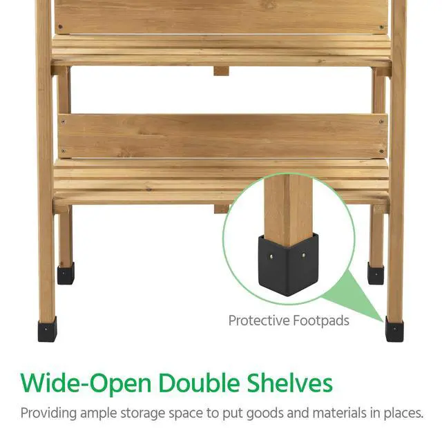 Alt view image 6 of 6 - Potting Bench Table w/Metal Tabletop for Garden, Fir Wood Workstation w/3 Tier Shelves, Outdoor Work Bench w/Hook Natural Wood