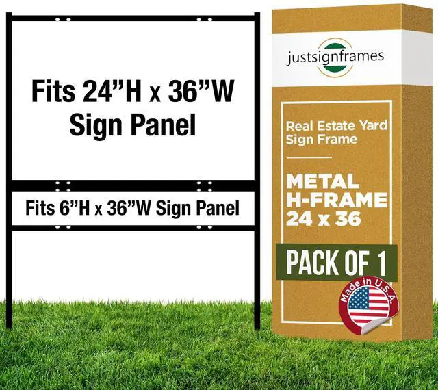 Main image of Real Estate Yard Sign Metal H-Frame (Pack of 1), Easy Slide-In Open House Signs for Real Estate, Durable Yard Signs, Compatible with 1/8-Inch Thick Sign Panels - 24 x 36 Slide-In with Rider, Black