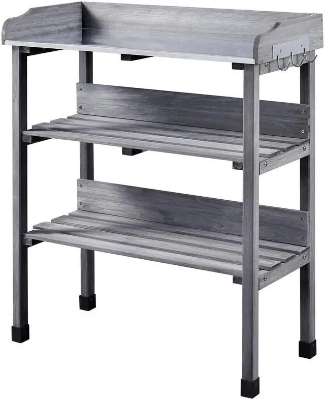 Main image of Fir Wood Potting Bench W/Storage Shelf W/Metal Tabletop W/Hook 3 Shelves Potting Table for Outdoor Garden Work Bench Gray
