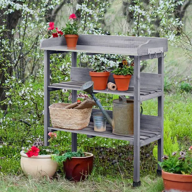 Alt view image 2 of 6 - Fir Wood Potting Bench W/Storage Shelf W/Metal Tabletop W/Hook 3 Shelves Potting Table for Outdoor Garden Work Bench Gray