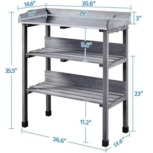Alt view image 3 of 6 - Fir Wood Potting Bench W/Storage Shelf W/Metal Tabletop W/Hook 3 Shelves Potting Table for Outdoor Garden Work Bench Gray