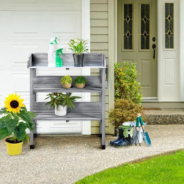 Alt view image 4 of 6 - Fir Wood Potting Bench W/Storage Shelf W/Metal Tabletop W/Hook 3 Shelves Potting Table for Outdoor Garden Work Bench Gray