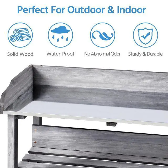 Alt view image 5 of 6 - Fir Wood Potting Bench W/Storage Shelf W/Metal Tabletop W/Hook 3 Shelves Potting Table for Outdoor Garden Work Bench Gray
