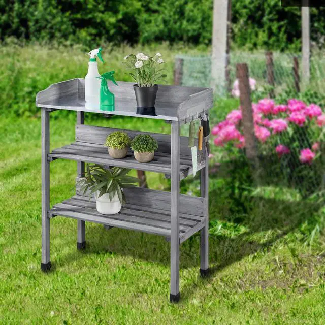 Alt view image 6 of 6 - Fir Wood Potting Bench W/Storage Shelf W/Metal Tabletop W/Hook 3 Shelves Potting Table for Outdoor Garden Work Bench Gray
