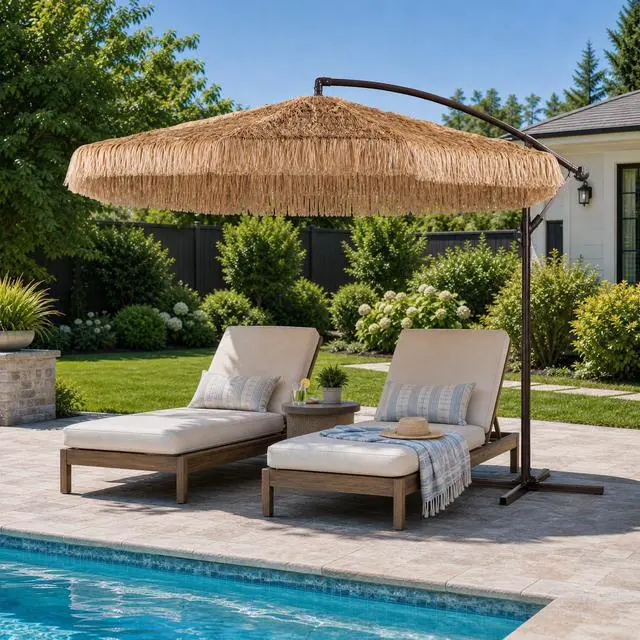 Main image of 9FT Cantilever Tiki Thatch Patio Umbrella, Hand-Push Tilt Offset Umbrella for Outdoor, Poolside, Backyard, Beach - Natural Straw Look (No Base)