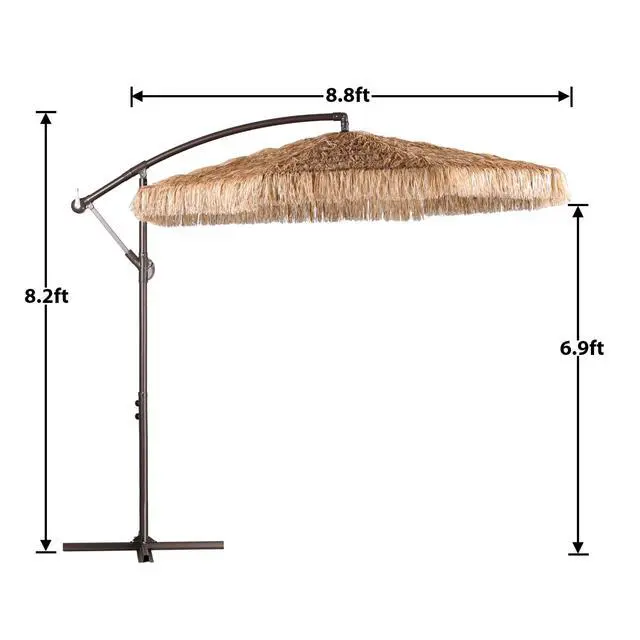 Alt view image 3 of 6 - 9FT Cantilever Tiki Thatch Patio Umbrella, Hand-Push Tilt Offset Umbrella for Outdoor, Poolside, Backyard, Beach - Natural Straw Look (No Base)
