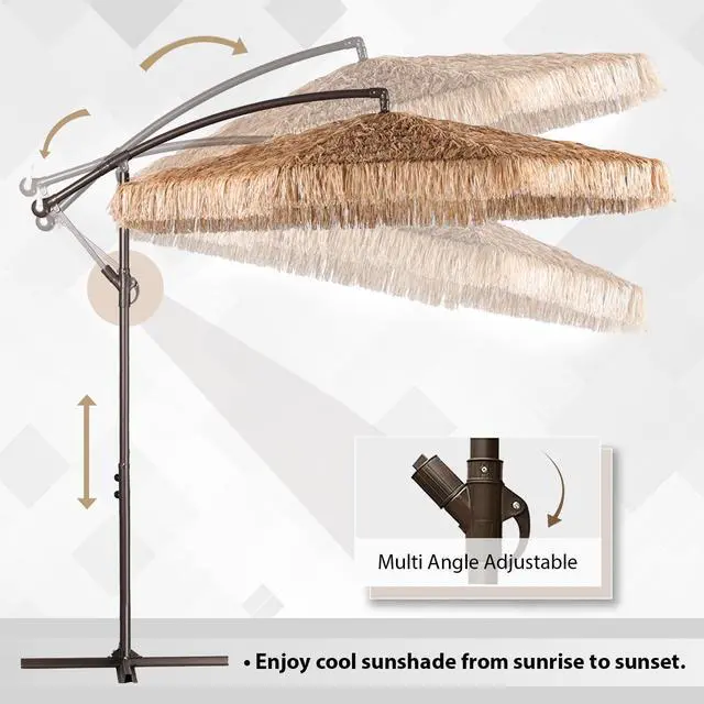 Alt view image 4 of 6 - 9FT Cantilever Tiki Thatch Patio Umbrella, Hand-Push Tilt Offset Umbrella for Outdoor, Poolside, Backyard, Beach - Natural Straw Look (No Base)