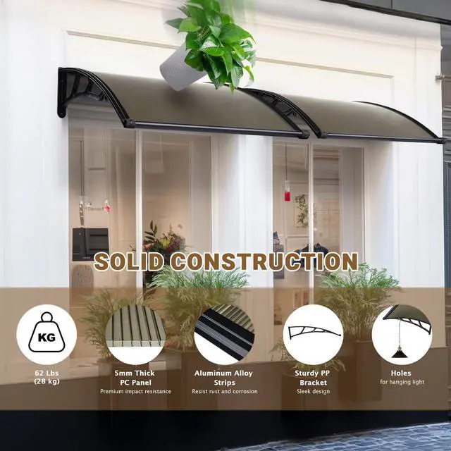 Alt view image 3 of 6 - 40"x40" Door Window Awning Whole One-piece Polycarbonate Anti-UV50+ Cover Front Door Outdoor Rain Snow Sunlight Protection Hollow Sheet Patio Yard Door Brown Board