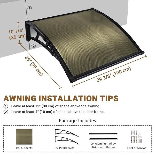 Alt view image 6 of 6 - 40"x40" Door Window Awning Whole One-piece Polycarbonate Anti-UV50+ Cover Front Door Outdoor Rain Snow Sunlight Protection Hollow Sheet Patio Yard Door Brown Board