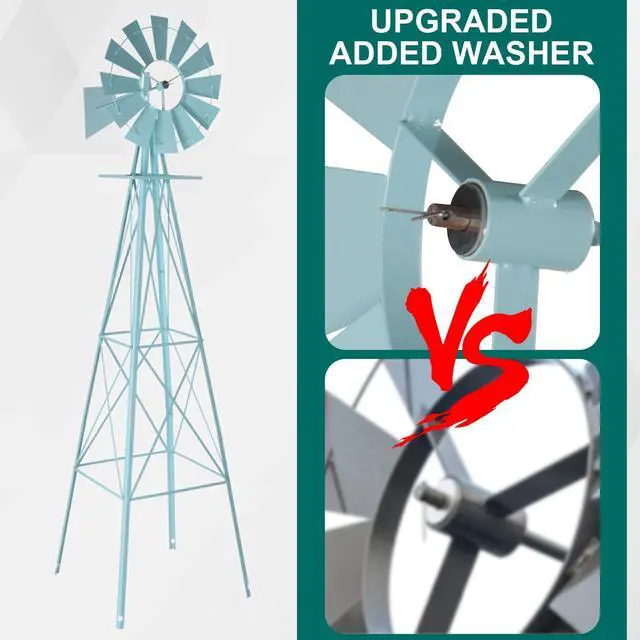 Alt view image 2 of 6 - 8FT Ornamental Windmill Backyard Garden Decoration Weather Vane, Heavy Duty Metal Wind Mill w/ 4 Legs Design (Blue)