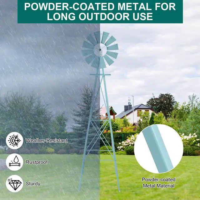 Alt view image 3 of 6 - 8FT Ornamental Windmill Backyard Garden Decoration Weather Vane, Heavy Duty Metal Wind Mill w/ 4 Legs Design (Blue)