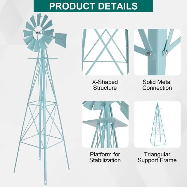 Alt view image 5 of 6 - 8FT Ornamental Windmill Backyard Garden Decoration Weather Vane, Heavy Duty Metal Wind Mill w/ 4 Legs Design (Blue)