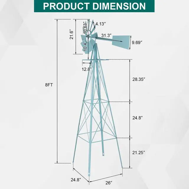 Alt view image 6 of 6 - 8FT Ornamental Windmill Backyard Garden Decoration Weather Vane, Heavy Duty Metal Wind Mill w/ 4 Legs Design (Blue)