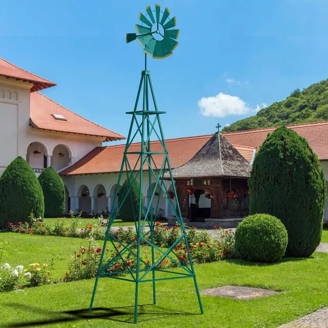 Alt view image 2 of 6 - 8.3FT Windmill Yard Garden Metal Ornamental Wind Mill Weather Vane Weather Resistant (Green)