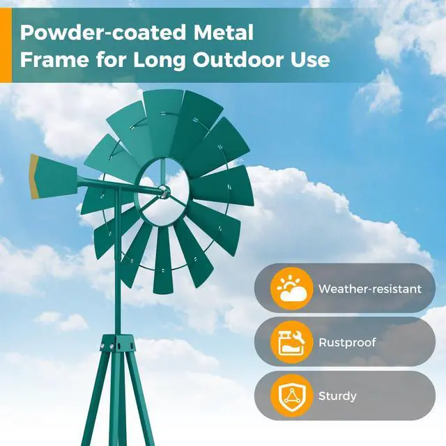 Alt view image 3 of 6 - 8.3FT Windmill Yard Garden Metal Ornamental Wind Mill Weather Vane Weather Resistant (Green)
