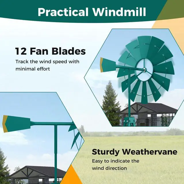Alt view image 4 of 6 - 8.3FT Windmill Yard Garden Metal Ornamental Wind Mill Weather Vane Weather Resistant (Green)