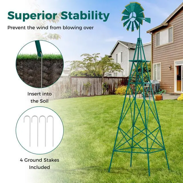 Alt view image 5 of 6 - 8.3FT Windmill Yard Garden Metal Ornamental Wind Mill Weather Vane Weather Resistant (Green)