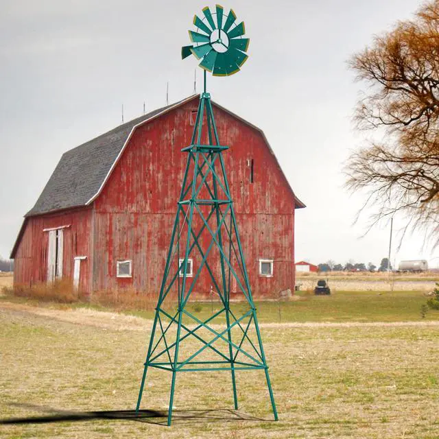 Alt view image 6 of 6 - 8.3FT Windmill Yard Garden Metal Ornamental Wind Mill Weather Vane Weather Resistant (Green)