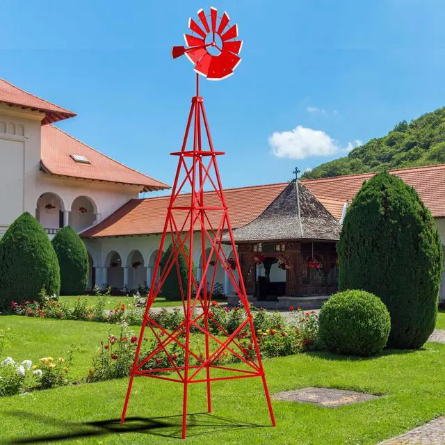 Alt view image 2 of 6 - 8.3FT Windmill Yard Garden Metal Ornamental Wind Mill Weather Vane Weather Resistant (Red)