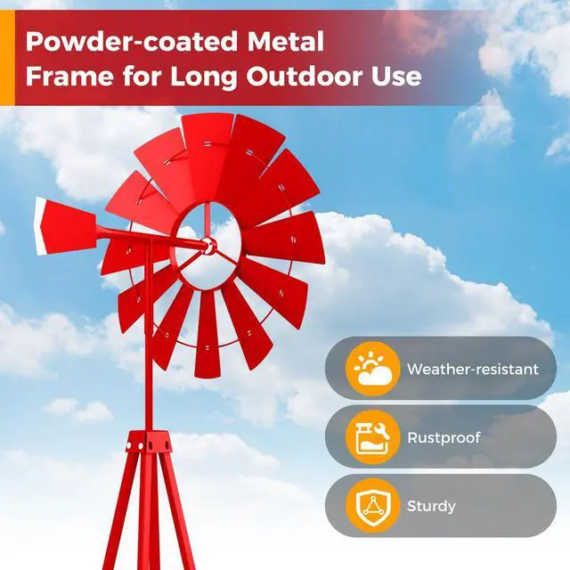 Alt view image 3 of 6 - 8.3FT Windmill Yard Garden Metal Ornamental Wind Mill Weather Vane Weather Resistant (Red)