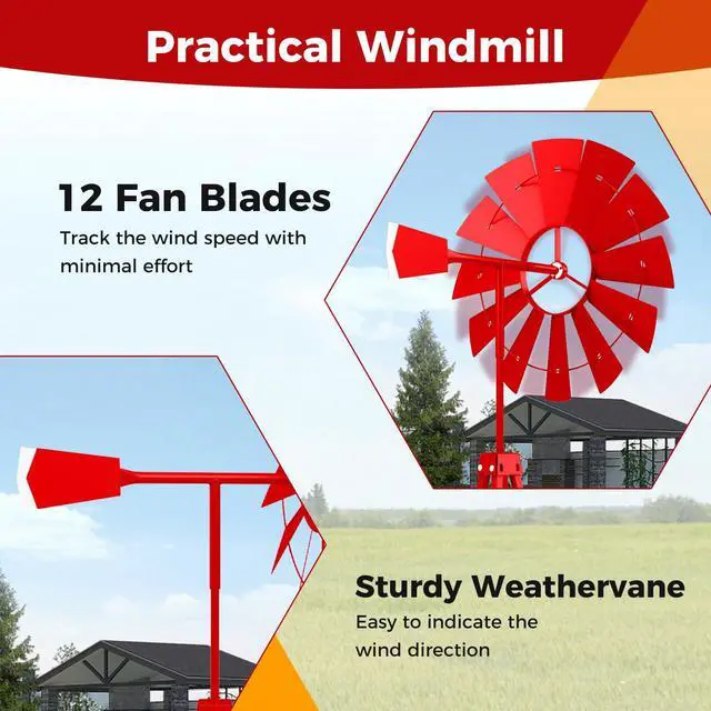 Alt view image 4 of 6 - 8.3FT Windmill Yard Garden Metal Ornamental Wind Mill Weather Vane Weather Resistant (Red)