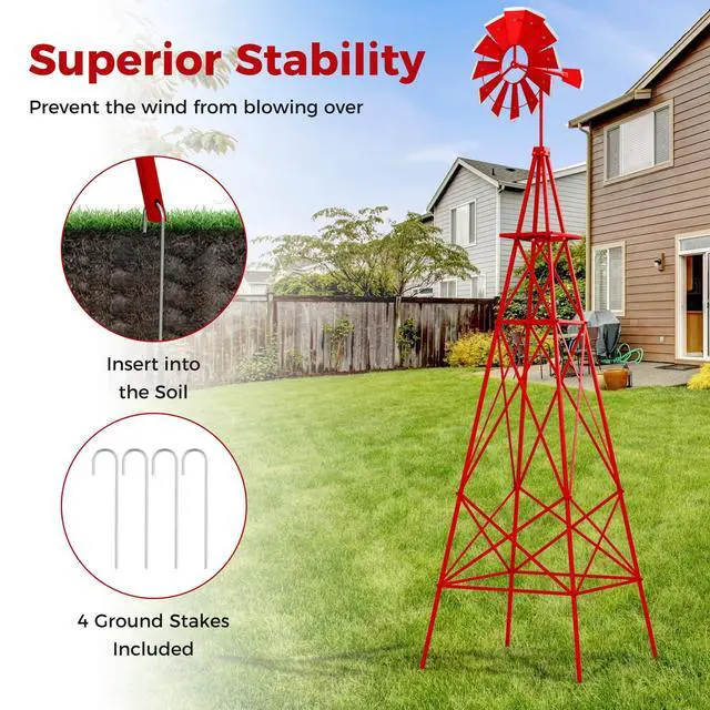 Alt view image 5 of 6 - 8.3FT Windmill Yard Garden Metal Ornamental Wind Mill Weather Vane Weather Resistant (Red)