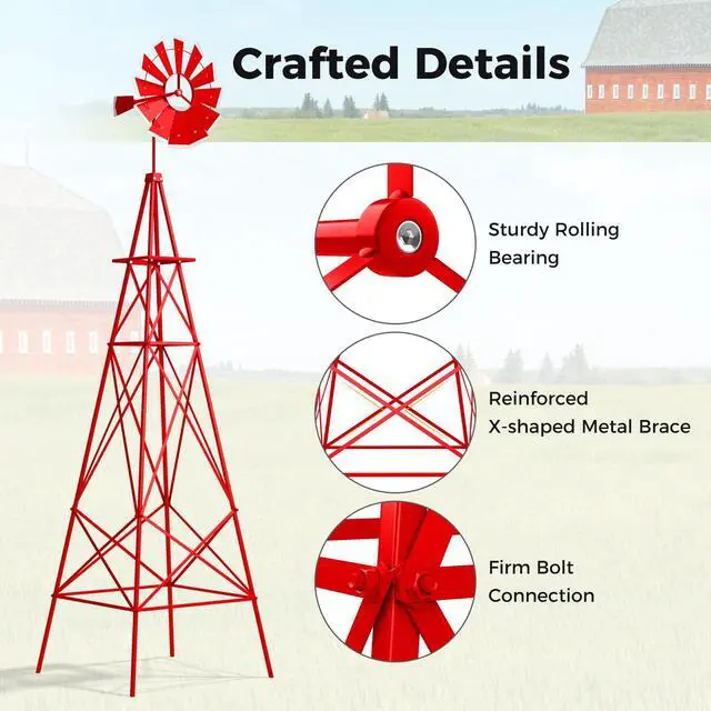 Alt view image 6 of 6 - 8.3FT Windmill Yard Garden Metal Ornamental Wind Mill Weather Vane Weather Resistant (Red)