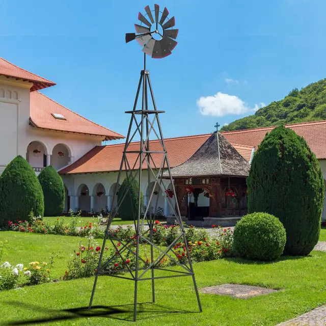 Alt view image 2 of 6 - 8.3FT Windmill Yard Garden Metal Ornamental Wind Mill Weather Vane Weather Resistant (Grey)