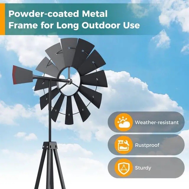 Alt view image 3 of 6 - 8.3FT Windmill Yard Garden Metal Ornamental Wind Mill Weather Vane Weather Resistant (Grey)