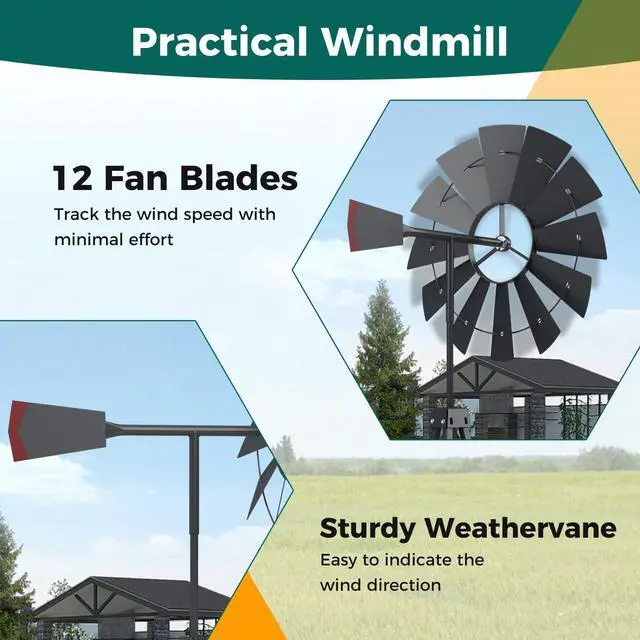 Alt view image 4 of 6 - 8.3FT Windmill Yard Garden Metal Ornamental Wind Mill Weather Vane Weather Resistant (Grey)