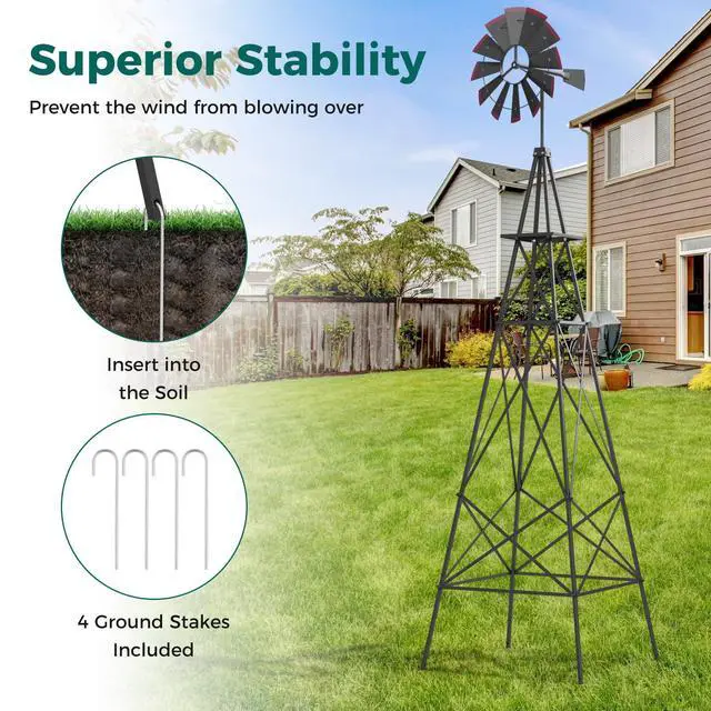 Alt view image 5 of 6 - 8.3FT Windmill Yard Garden Metal Ornamental Wind Mill Weather Vane Weather Resistant (Grey)