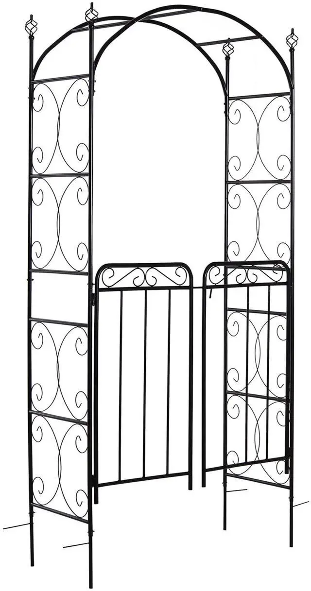 Main image of 84" Garden Arch Arbor with Gate, Metal Arch Trellis, Garden Archway for Climbing Vines, Wedding Ceremony Decoration, Flourishes & Arrow Tips, Black